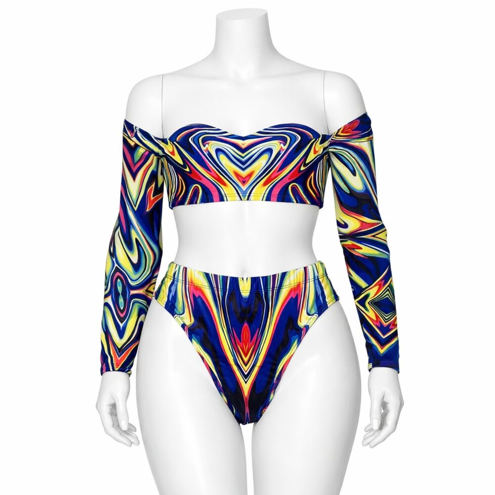Multicolor Geometric Long Sleeve Bikini Set High Waisted Size S NWOT